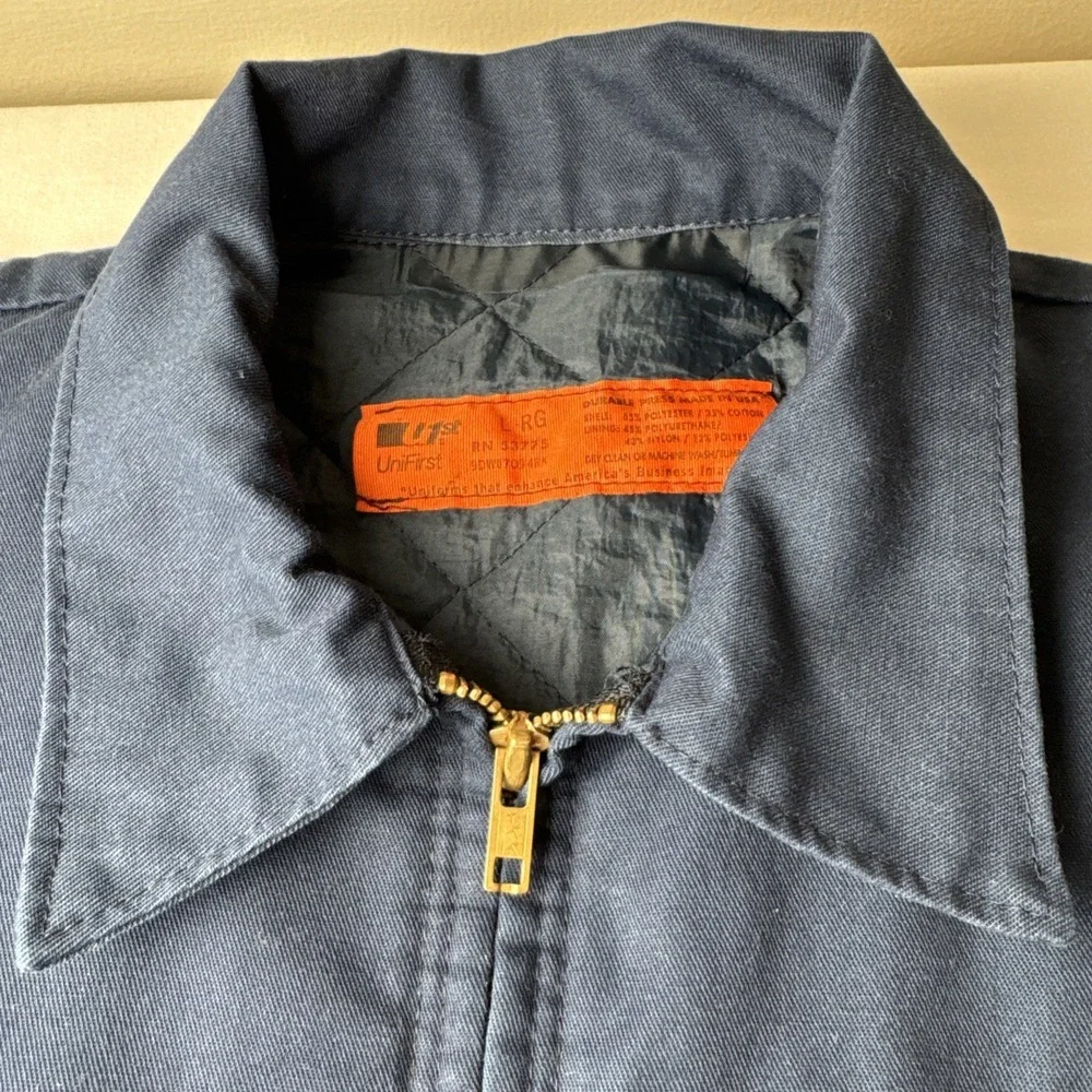 Vintage 1980s Men's Blue Gas Station Work Jacket Zip Up Atlas Van Lines Sz L